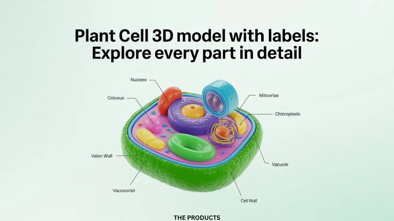 3D plant cell model with labels showing cell wall, nucleus, chloroplasts, vacuole, and mitochondria.