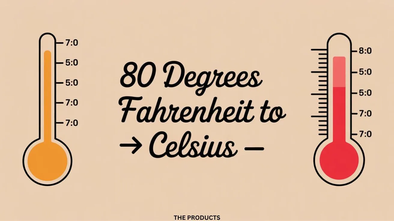 Diagram showing 80 degrees Fahrenheit converted to Celsius with formula and approximate values.
