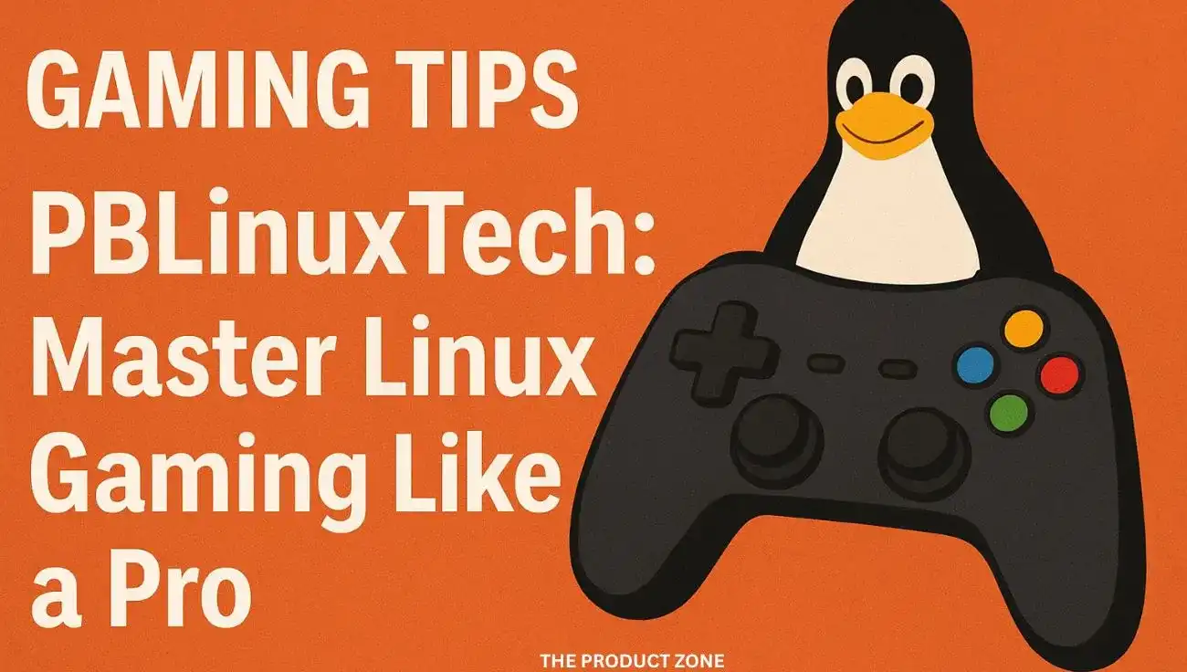 A gamer playing on a Linux PC, surrounded by icons representing Steam, Proton, and performance tools, illustrating Gaming Tips PBLinuxTech for optimized Linux gaming.